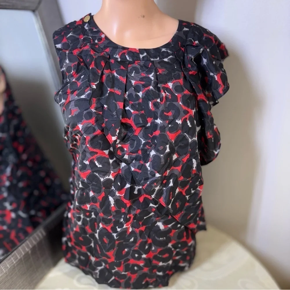 Michael Kors Black and Red Ruffled Cap Sleeve Blouse